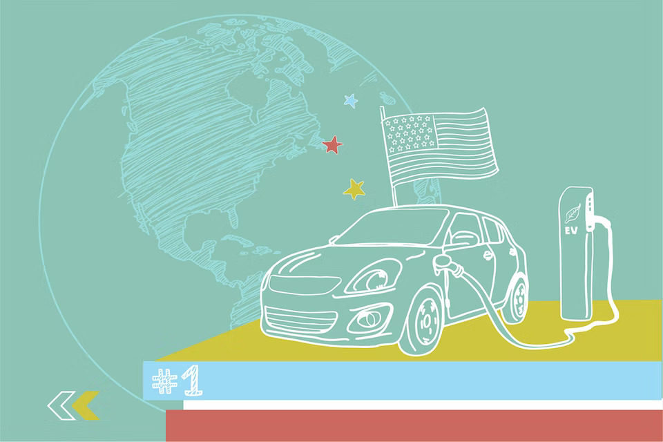 Electriv Vehicle drawing with an american flag and Earth