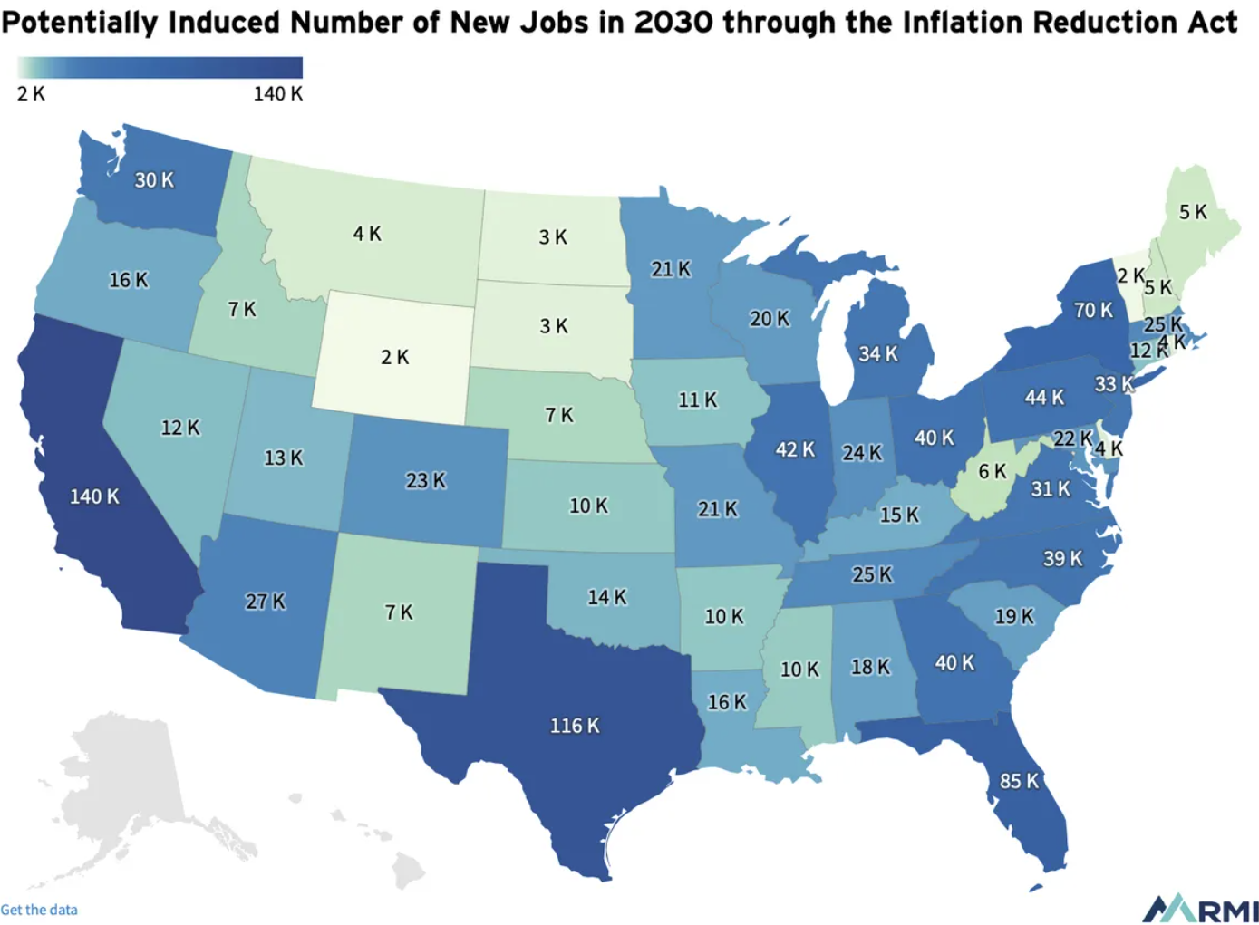 US map showing potentially induced number of new jobs in 2030 through the Inflation reduction act