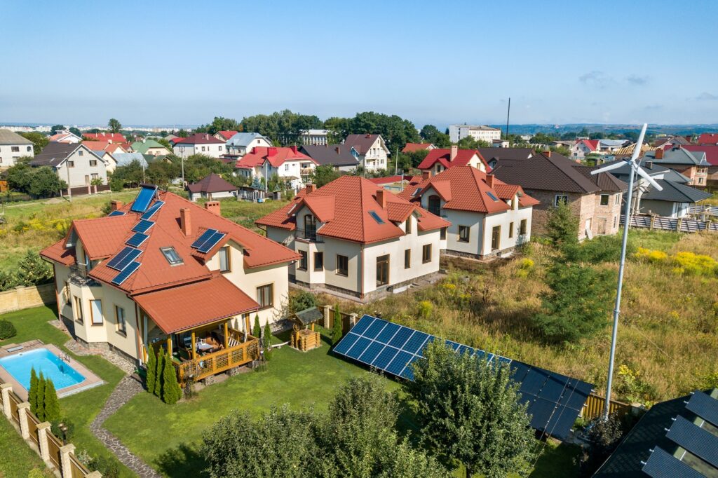 Aerial view of a new autonomous house with solar panels